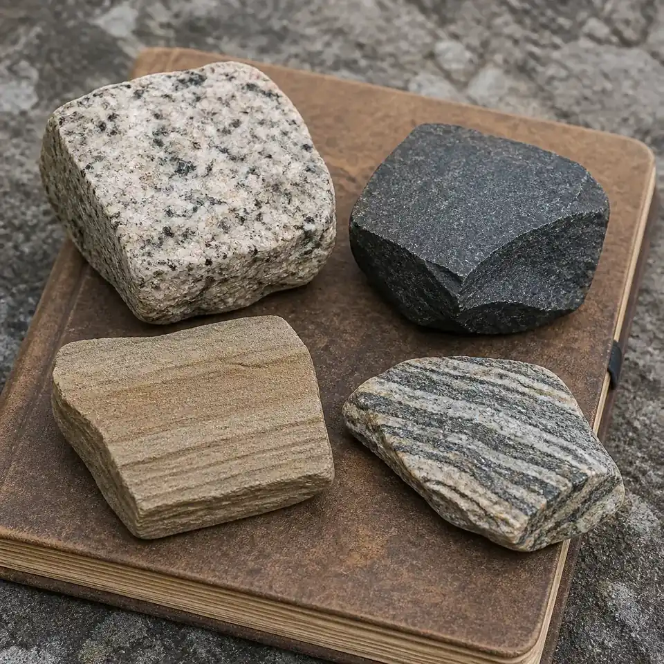 Four different rock specimens arranged on a weathered field notebook for a geology guide