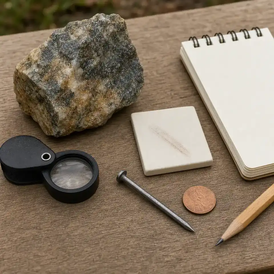 Beginner rock observation setup with a specimen, hand lens, ceramic tile, steel nail, coin, and notebook