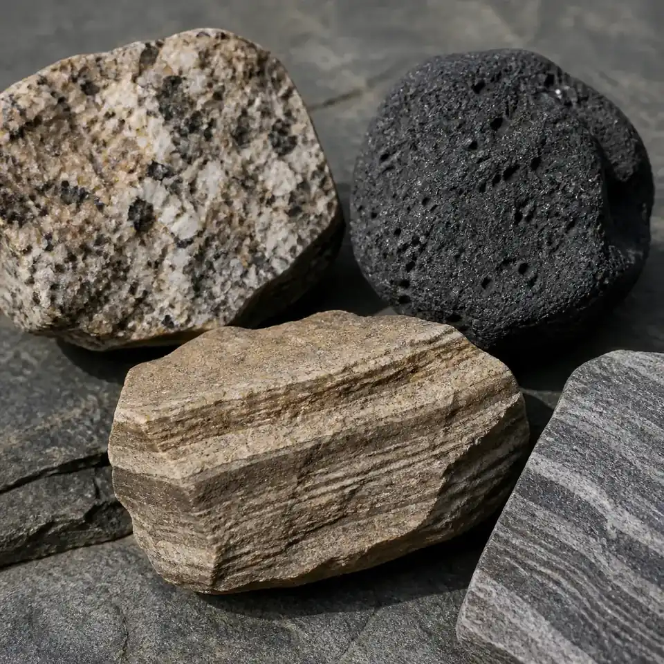Close-up comparison of coarse crystalline, porous volcanic, layered, and banded rock textures